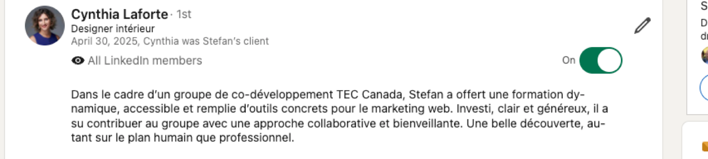 LinkedIn recommendation from Cynthia Laforte, Designer intérieur, April 30, 2025