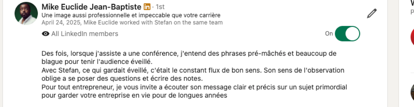 LinkedIn recommendation from Mike Euclide Jean-Baptiste, April 24, 2025