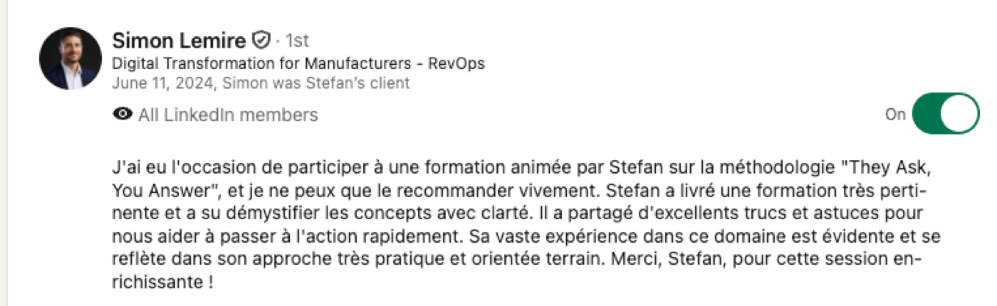 LinkedIn recommendation from Simon Lemire, Digital Transformation for Manufacturers, June 11, 2024