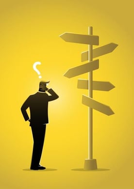 Confusing businessman looking at multiple road sign with question mark and thinking _ Premium Vector