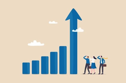 Grow business increase sales and profit, growth or progress to achieve goal and target, improve or development to boost performance concept, business people team looking at high rising up graph arrow_