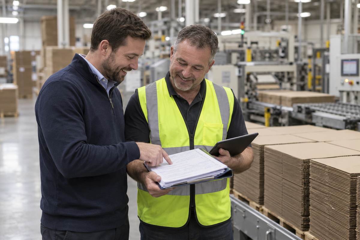 Sales engineer and plant manager reviewing a completed production data sheet next to a packing machine