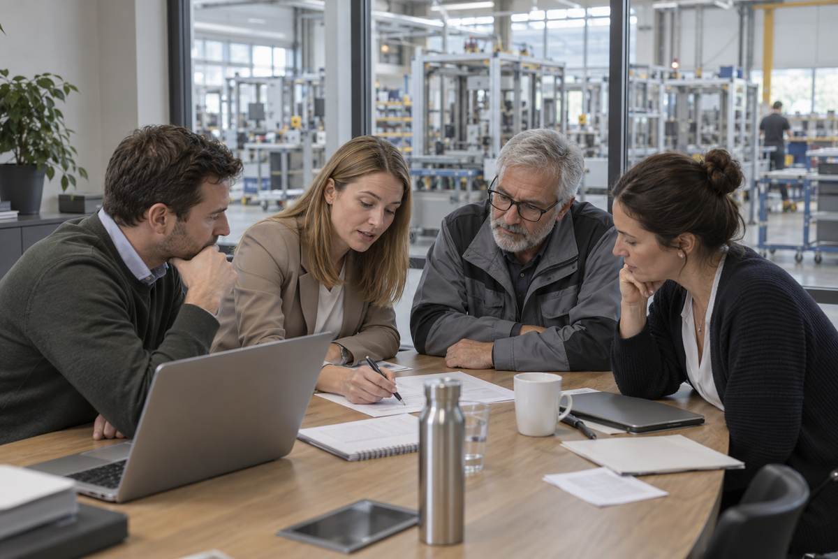Sales team reviewing an assignment email together in a meeting room next to the production hall