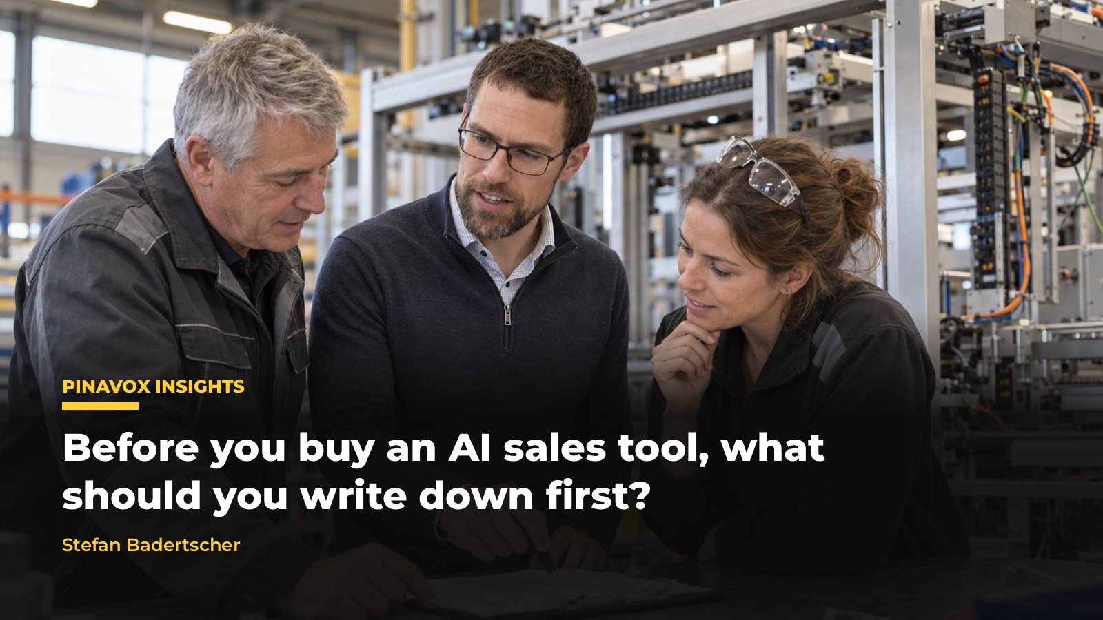 Stefan Badertscher with two senior engineers writing down agreed answers at a workbench on the shop floor, with the article title