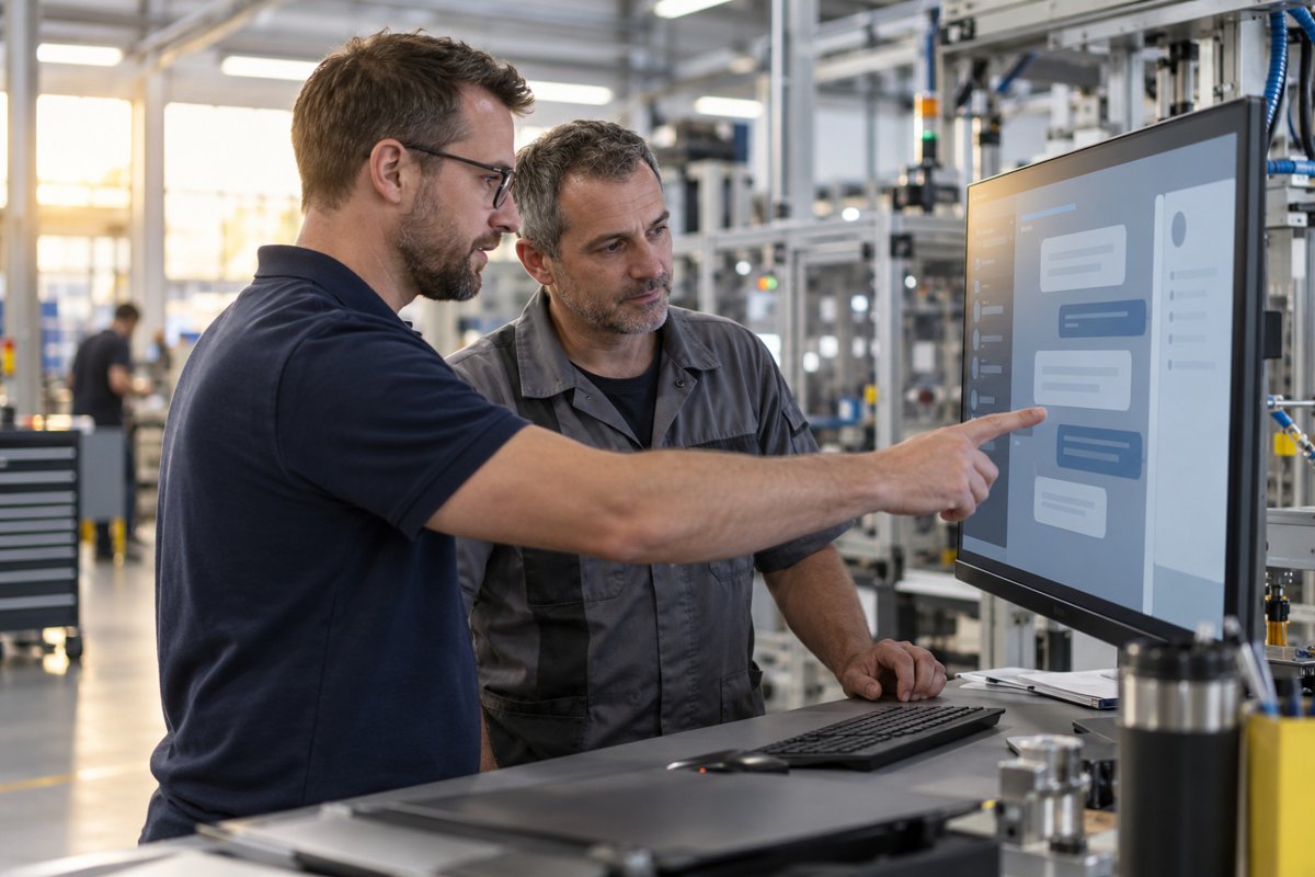 Application engineer and service technician checking an AI assistant's answer on a monitor next to the assembly hall