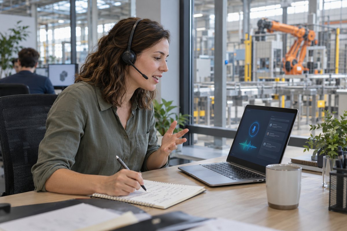 Sales rep using a voice AI assistant on a laptop at a desk near the machines