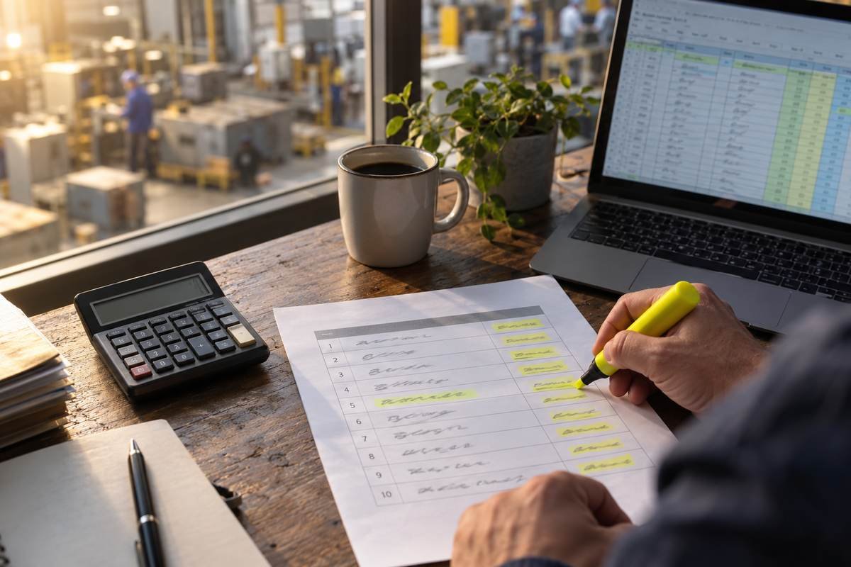 Close-up of a printed deal list, a calculator and a laptop spreadsheet on a desk in an industrial office