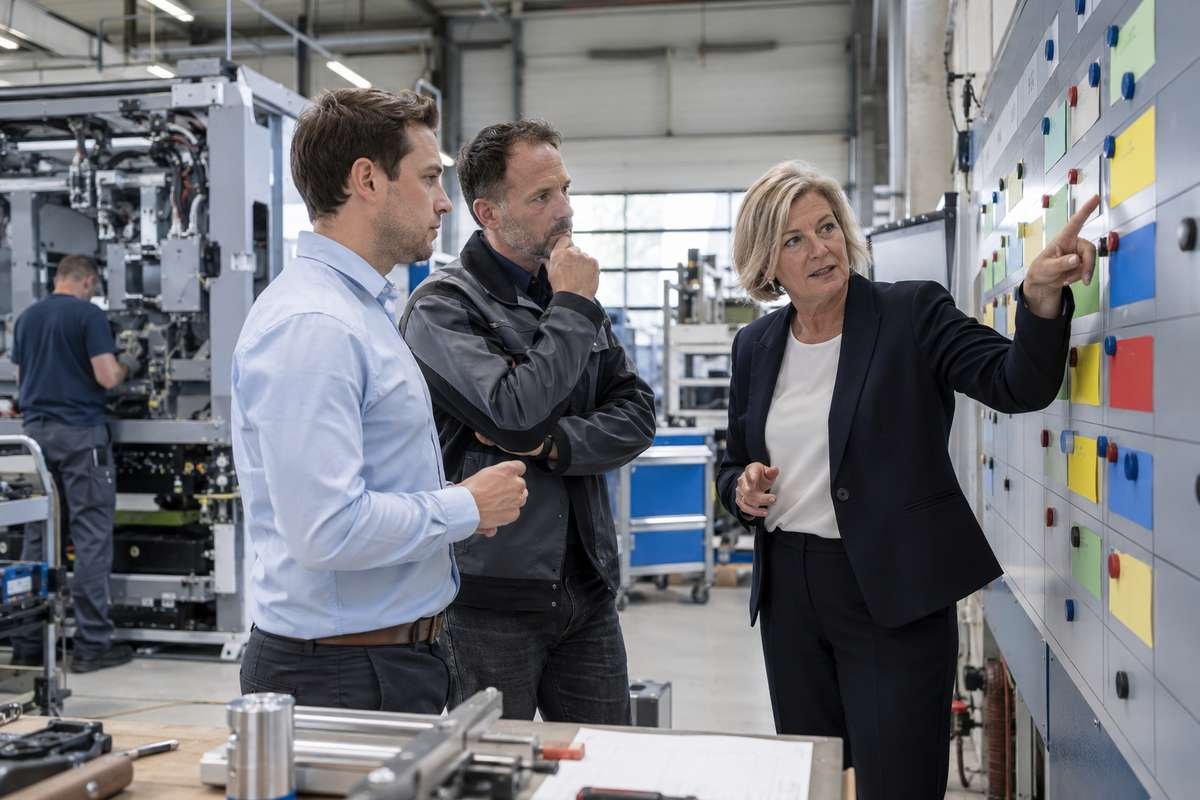 Leadership team and production manager discussing a capacity board in a machine factory