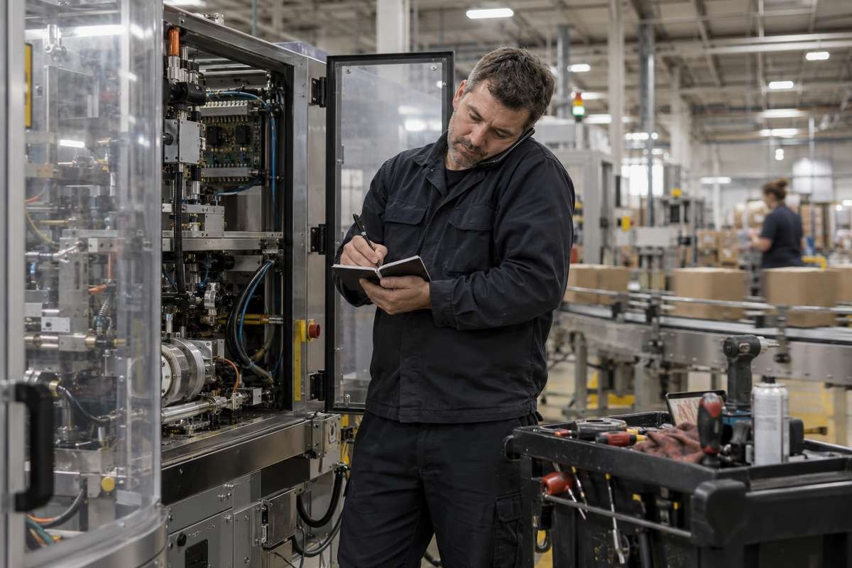 Service technician on the phone next to a machine, writing down a customer's question