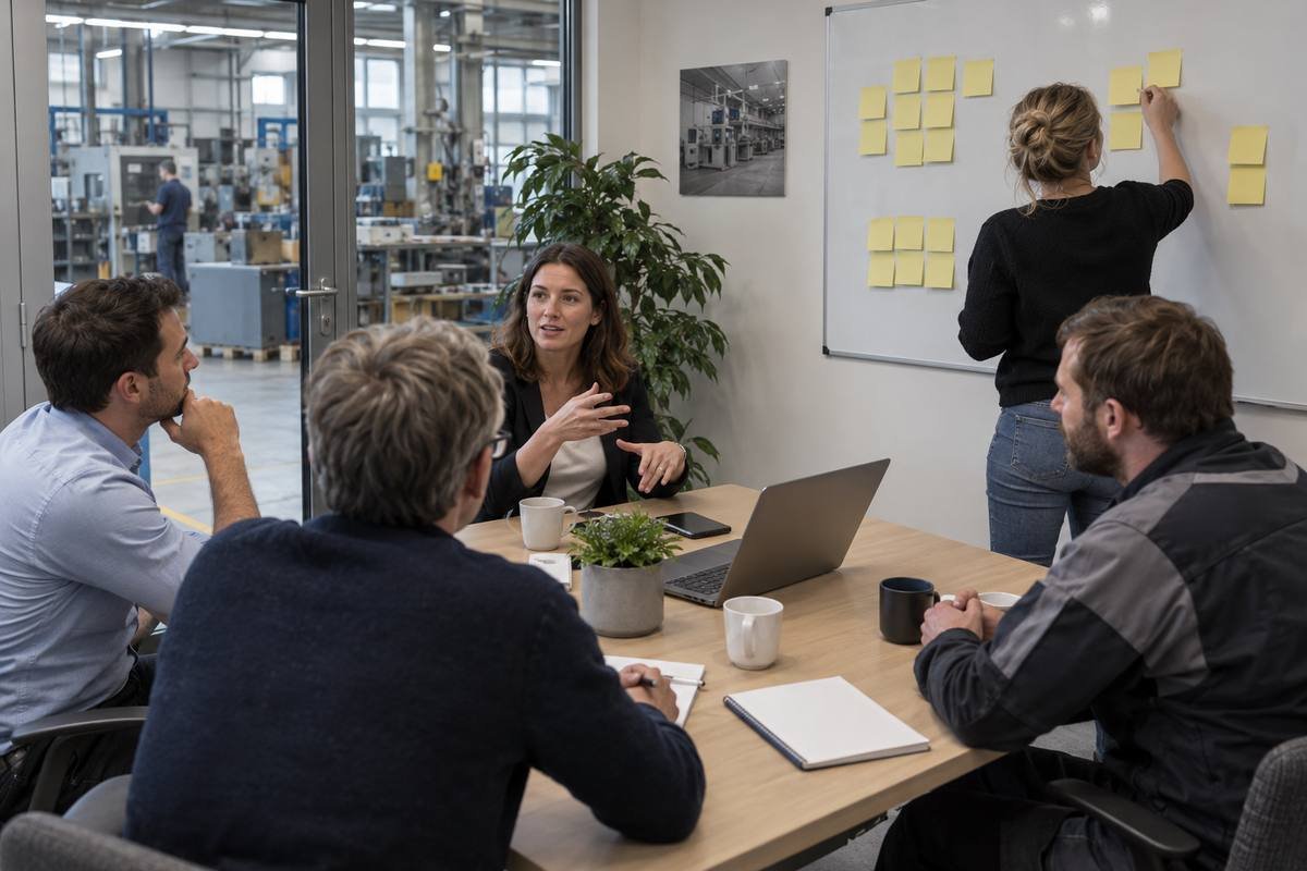 Weekly question meeting with sales, service and engineering around a table with sticky notes
