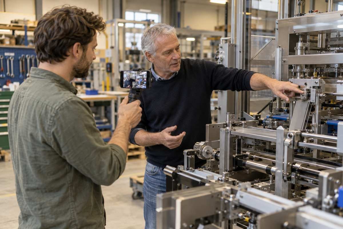 Content manager recording a short interview with an expert engineer on the shop floor
