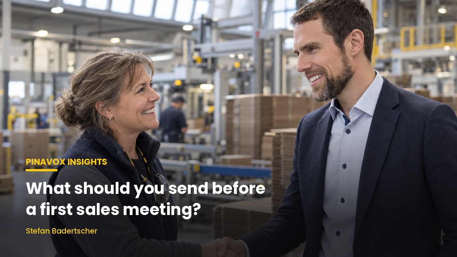 Stefan Badertscher greeting a plant owner on the factory floor before a first meeting, with the article title