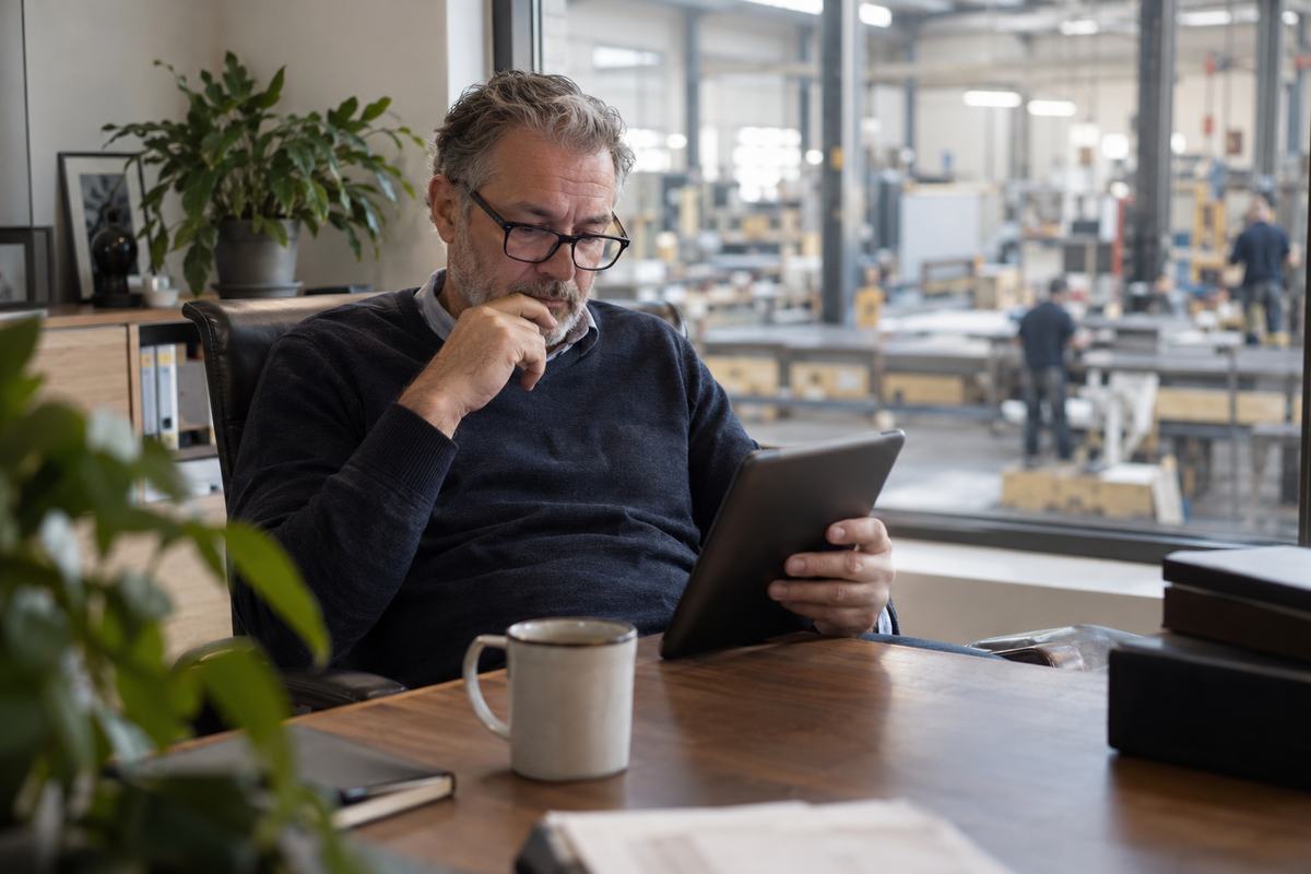 Plant owner reading an article on a tablet in his office before a supplier visit