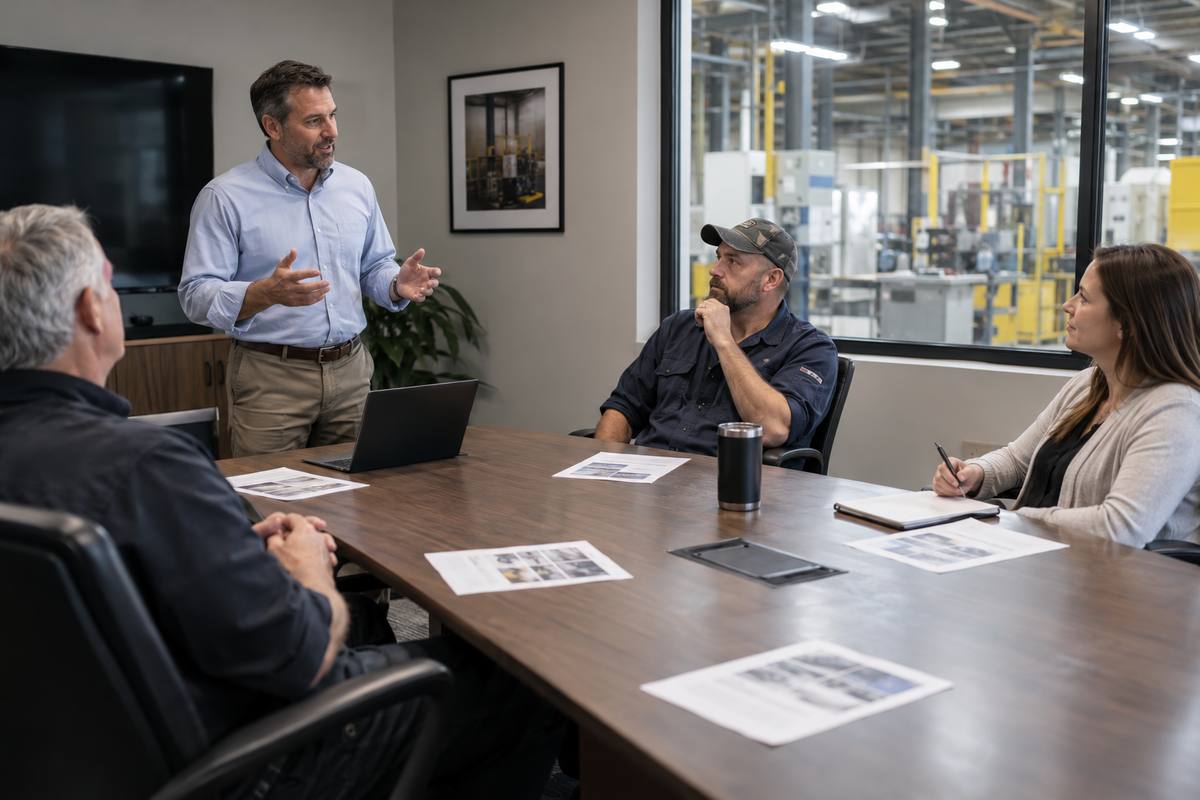 A sales engineer opening a first meeting with an agenda in a customer's conference room